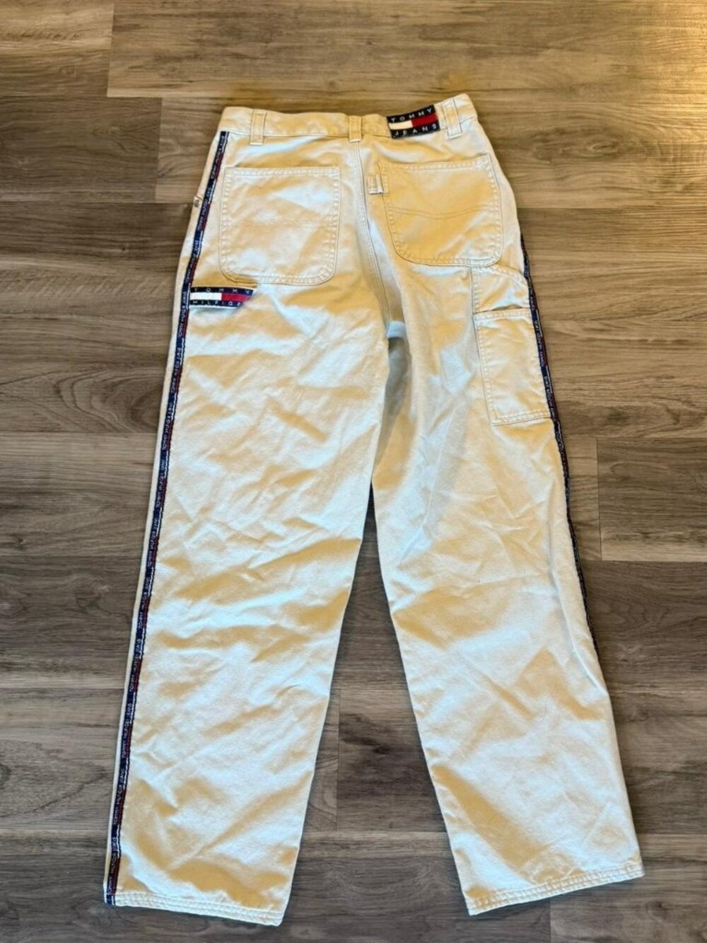 Tommy Hilfiger cream khaki wide leg logo detailed carpenter pants